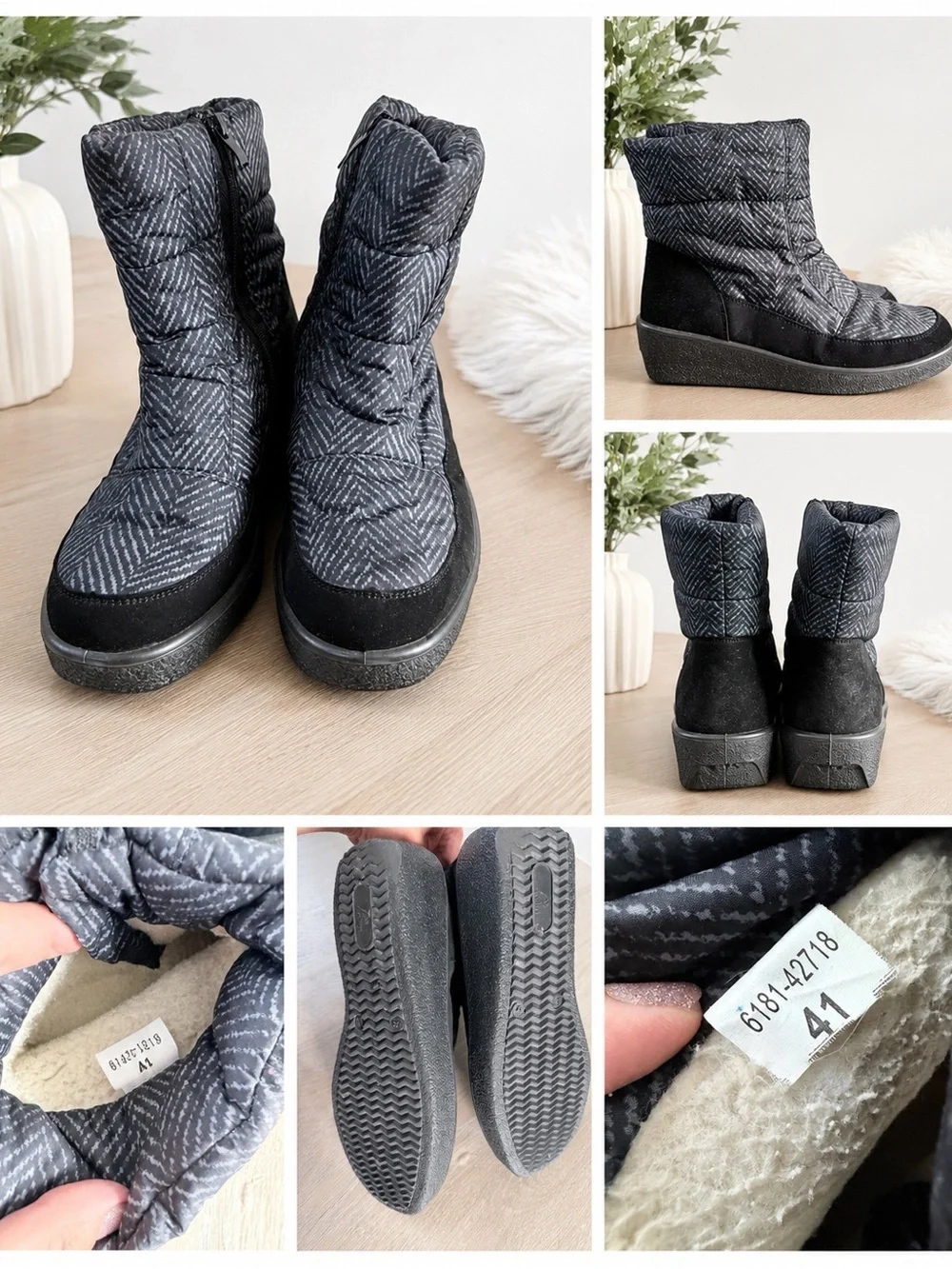 New Women's Quilted Black & Gray Winter Zip Ankle Boots size 9